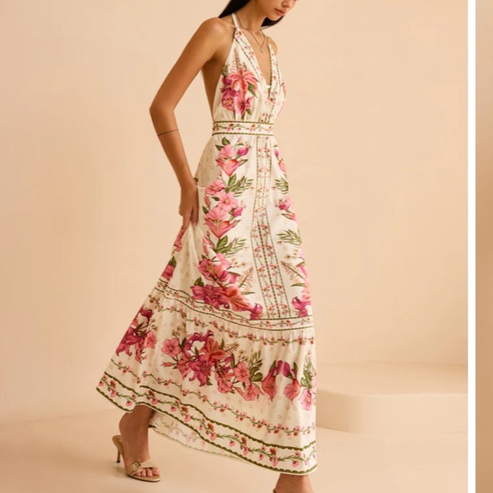 COMMENSE Pink Green Floral Print Halter Open Back Maxi Dress NWT - Picture 2 of 16